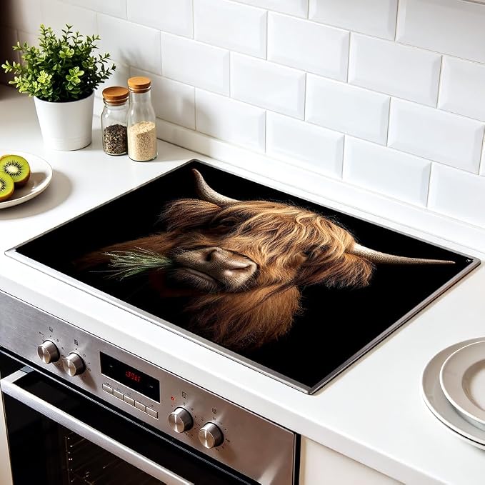 Highland Cow Stove Top Cover, Brown Highland Cow Farmhouse Style | Non-Slip Washable Cooktop Protector Mat for Glass & Electric Stoves, 28.4 x 20.5 in