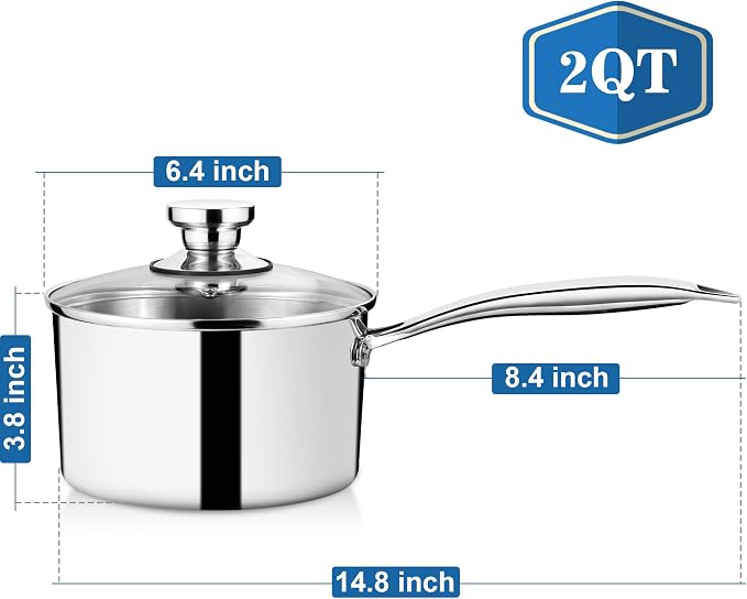 P&P CHEF 2 Quart Tri-Ply Saucepan with Visible Lid, Small Pot, 1 Piece | 2 Qt Stainless Steel Sauce Pan, Cooking Induction Pot Cookware for All Stoves, Healthy & Sturdy, Oven & Dishwasher Safe