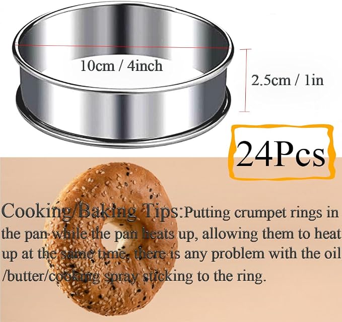 24packs Crumpet Rings 4 Inch English Muffin Rings Stainless Steel Double Rolled Nonstick Metal Round Tart Ring Molds for Cookie Cooking Baking