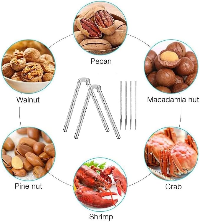 Nut Cracker 2Pcs and 4 Picks,Stainless Steel Nut Cracker Tool Set for Seafood Crackers Walnut(Silvery).