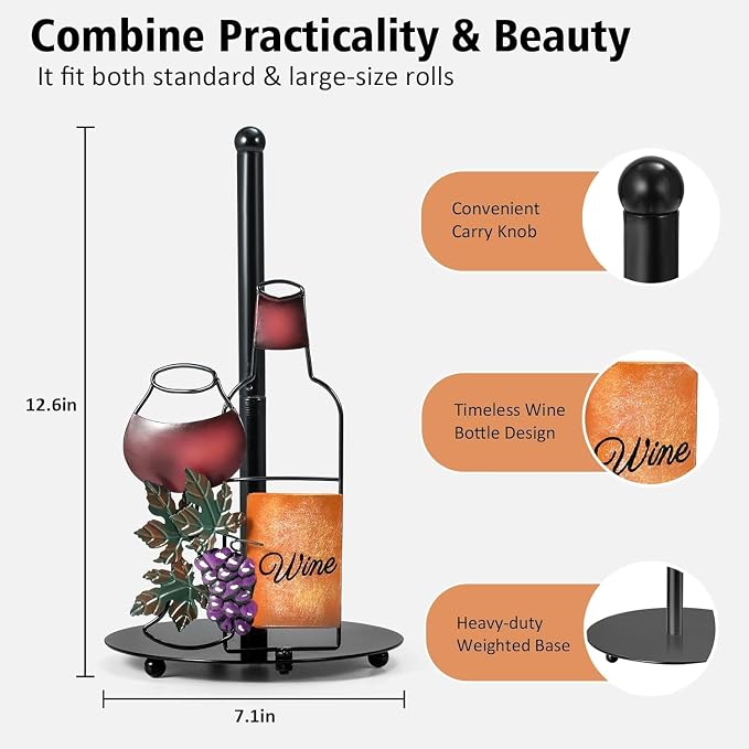 Red Wine Paper Towel Holder Countertop for Kitchen, Freestanding | Grape & Wine Decor Gifts, Cute Rustic Country Vintage Farmhouse Kitchen Decorations, Roll Dispenser with Weighted Base