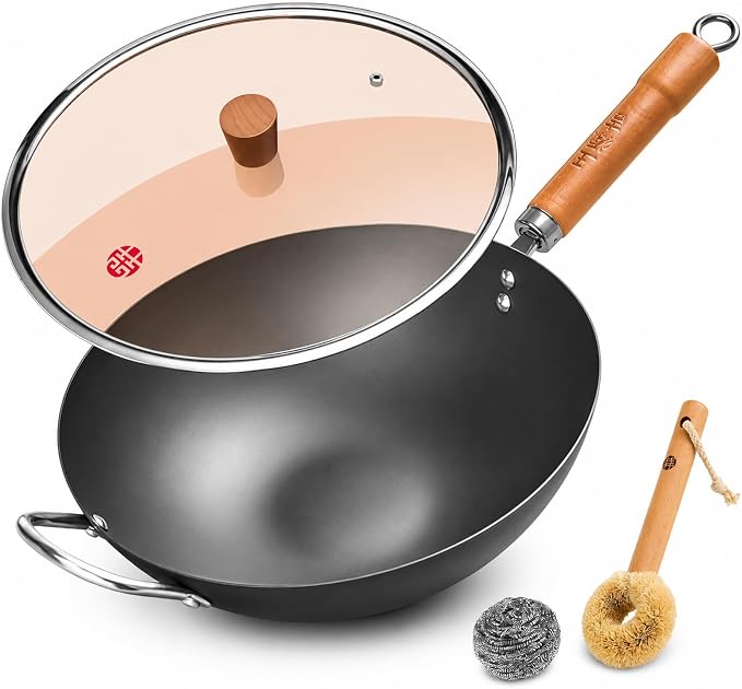 WANGYUANJI 13.4 Inch Carbon Steel Wok Pan with Glass Lid, Flat Bottom Chinese Stir Fry Wok for Induction, Gas and Electric Stoves, Uncoated Iron Wok for Stir Frying, Sautéing and Deep Frying