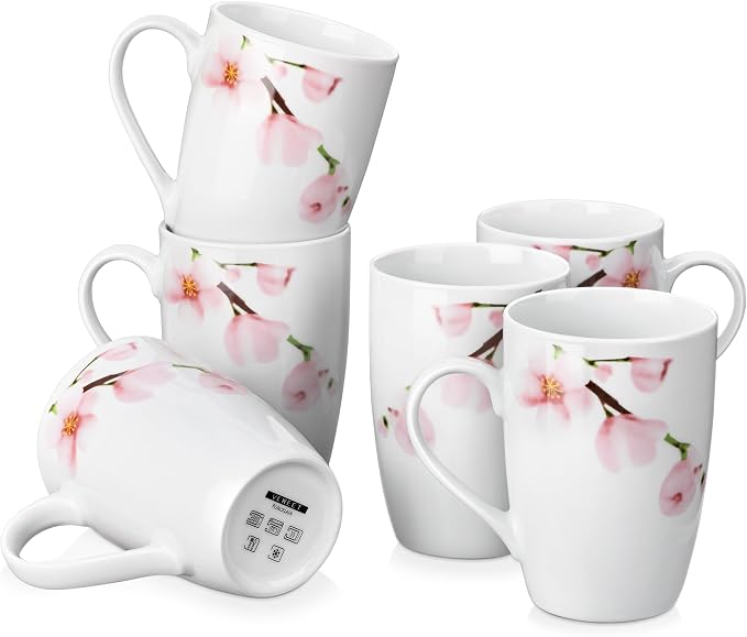 VEWEET Floral Coffee Mugs Set of 6, 16 OZ Large Handle Ceramic Mugs, ANNIE | Floral Coffee Mugs Set of 6 with Large Handle, Microwave and Dishwasher Safe, Ideal for Tea, Coffee, and Hot Cocoa