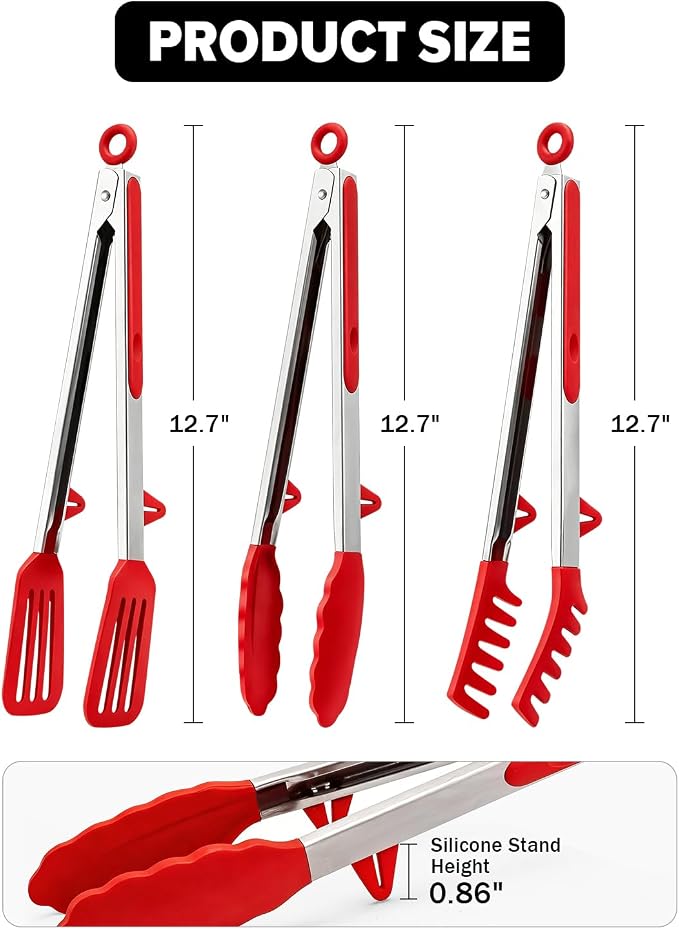Kitchen Tongs for Cooking, Non Scratch Silicone Tip for Nonstick Cooking Pans, Food Grade Mini Serving Tongs, Pull Lock, Set of 3 (Red, 12 inch)