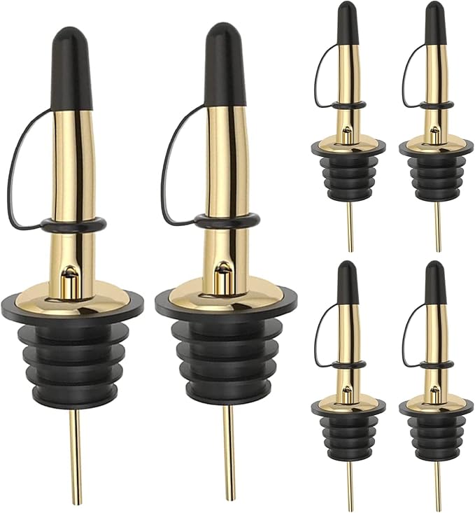 Pafusen 6 Pack Liquor Bottle Pourers, Liquor Pour Spout for Liquor Bottles, Stainless Steel Olive oil Dispenser Spout, Alcohol Pourer Spouts Dust Caps Covers Fixed, Gold