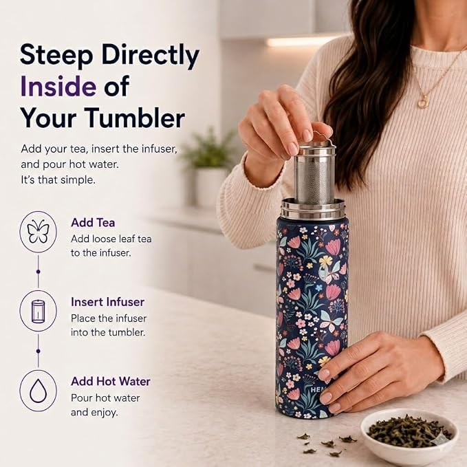 22 oz Ceramic Lined Tea Infuser Travel Tumbler, Micro-Mesh Stainless Steel Infuser, Pure Taste Ceramic Interior, Triple Insulated 12hr Hot Cold, Dual Sip & Straw Lid, Scratch-Resistant
