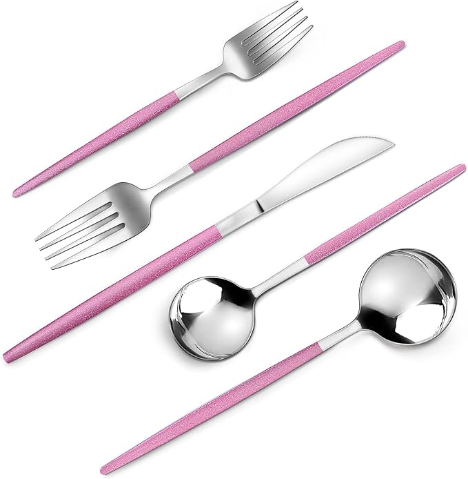 VANVRO Mirror Silver Rosy Silverware Set, 20-Piece Stainless Steel Flatware Set, Satin Finish tableware Cutlery Set, Service for 4, Home and Restaurant, Dishwasher Safe
