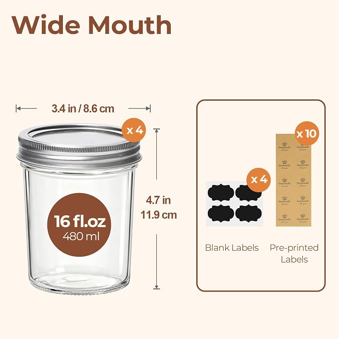 ComSaf 16 oz Wide Mouth Mason Jars, 4 Pack Pint Glass Jars with Lids | BPA-Free Materials, Clear Body, Pickles, Salad Prep, Overnight Oats, Coffee Storage, Honey, DIY Candles