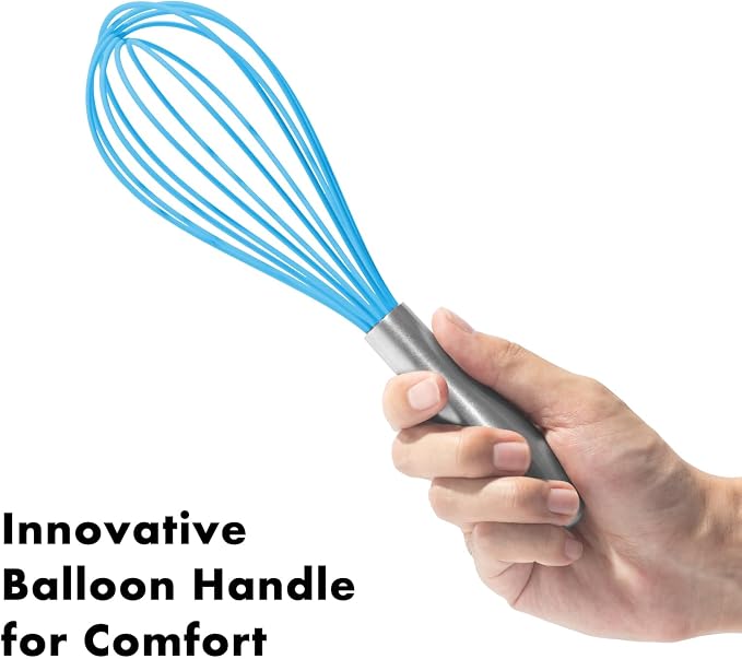 OYV 10-Inch Blue Silicone Whisk, Non-Scratch, 18/10 Stainless Steel Handle | 480°F Heat Resistant, BPA-Free Silicone, Sealed Waterproof Handle, Nonstick-Safe, Dishwasher Safe
