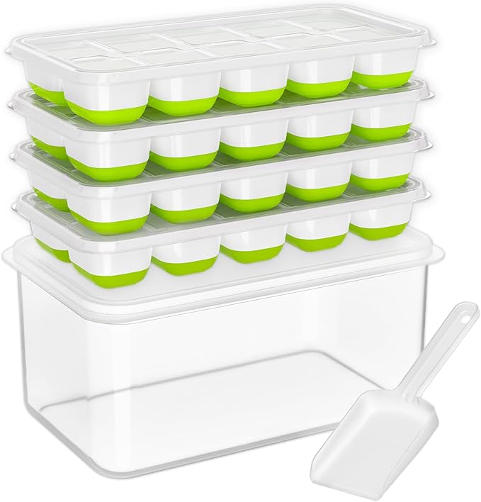 DOQAUS Ice Cube Tray with Lid and Bin,4 Pack Ice Cube Trays for Freezer | Silicone, Stackable. Easy Release Trays with Storage Bin & Scoop. Ideal for Freezer, Kitchen, RV, Cocktail, Coffee.