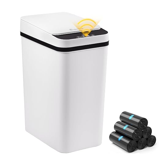 4 Gallon Bathroom Smart Touchless Trash Can for Kitchen Automatic Motion Sensor Rubbish Can with Lid Waterproof Narrow Small Garbage Bin for Kitchen, Toilet, Bedroom, RV(White,Battery)