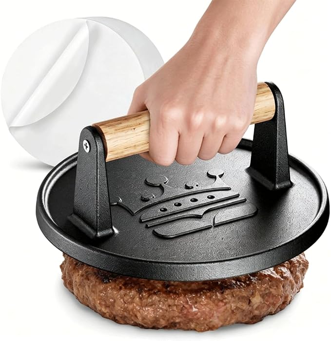 6.5" Smash Burger Press 20pc Baking Paper Smasher, Gift for Men | 2lb Heavy-Duty Grill Bacon Meat Press with Wood Handle,Nonstick hamburger Smasher for griddle accessories,BBQs and Tailgates