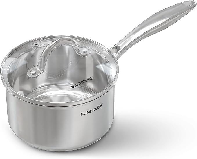 SUNHOUSE 3 QT Sauce Pan with Lid, Full Clad 3-Ply Stainless Steel Saucepan | Small Cooking Pot & Milk Pan - Induction Compatible - PFOA Free, Oven & Dishwasher Safe, Stay-Cool Handle