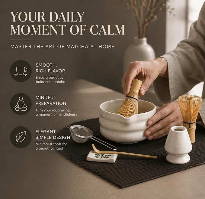 BARISTA EMPEROR® MATCHA WHISK SET PREMIUM 11pcs - Professional Matcha Kit Set with Matcha Bowl, Matcha Whisk, Milk Frother, Spoon, Sifter, Scoop, Stand, Cup, Tea Mat, Cloth - Matcha Bowl Set