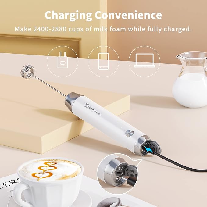 Maestri House LunaFro Rechargeable Milk Frother,Stand & 2 Detachable Whisks | 8000RPM Turbo Motor, 1200mAh lithium battery, Handheld Milk Frother for Lattes, Cappuccino, Matcha & Powdered Supplements
