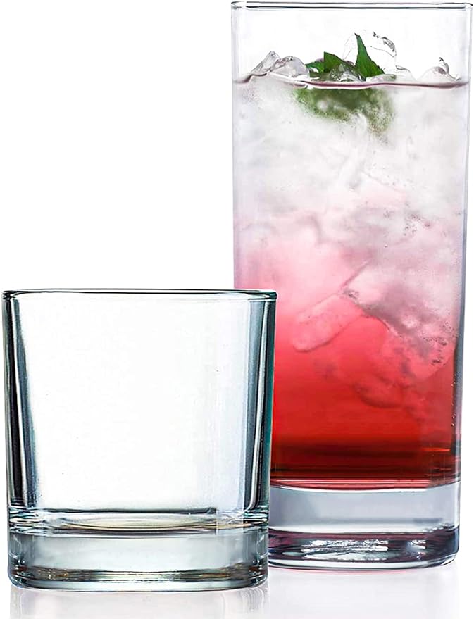 Everyday Drinking Glasses Set of 8 Drinkware Hurricane Glasses, Kitchen Glasses for Cocktail, Iced Coffee, Beer, Ice Tea, Wine, Whiskey, Water, 4 Tall Glass Cups & 4 Short Dof Drinking