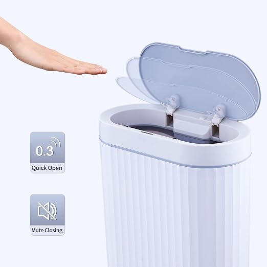 ELPHECO Bathroom Trash Can with lid 2.5 Gallon Motion Sensor White and Gray | Slim Wastebasket, Automatic Trash Bin Bathroom Decor for Bedroom and Office