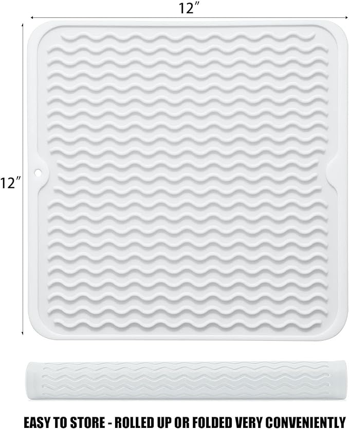 Silicone Dish Drying Mat, Non-Slip Easy Clean Sink Mat, Translucent,12"x12" | Quick-Dry Ridges, Large Heat-resistant Dish Drainer Mat for Kitchen Counter, Hangable & Roll-Up for Storage, Dishwasher Safe