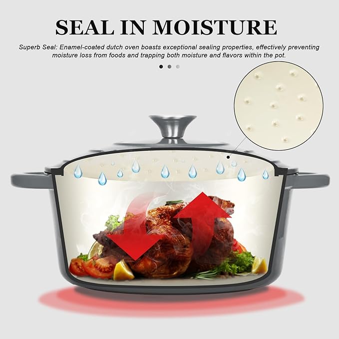 Overmont Enameled Cast Iron Dutch Oven - 7QT Pot with Lid Cookbook & Cotton Potholders - Heavy-Duty Cookware for Braising, Stews, Roasting, Sourdough Baking grey