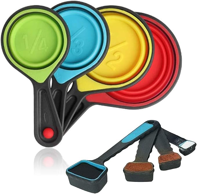 Collapsible Measuring Cups and Spoons - Portable Food Grade Silicone for Liquid & Dry Measuring, 8 Piece Set Kitchen Measuring Tool