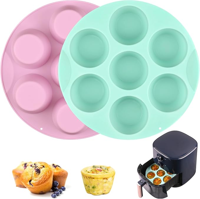 2 Pack Silicone Egg Bite Molds for Air Fryer, Nonstick 7 Cups Air Fryer Muffin Pan for Baking Egg Bite, Mini Muffins, Tart, Mini Cupcake and Quiche (Pink + Green)