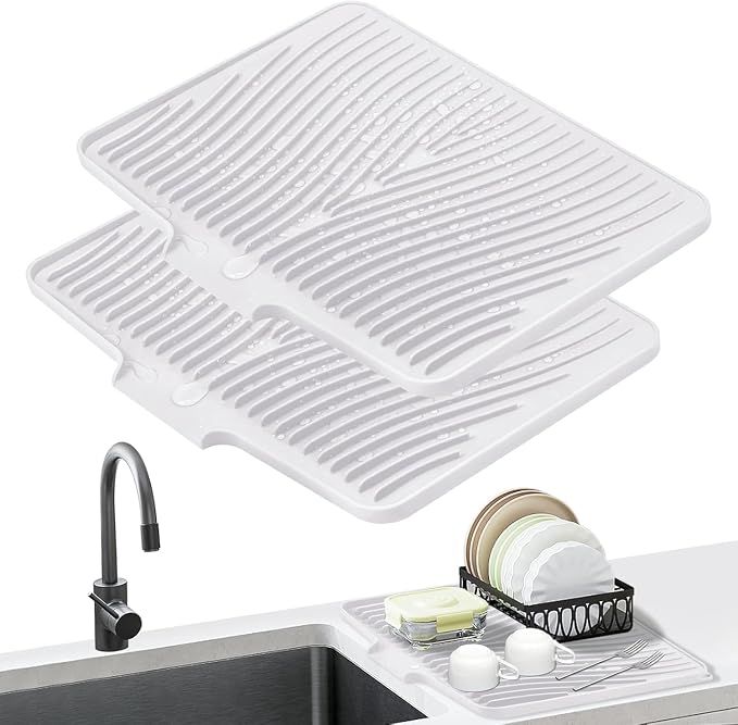 Silicone Dish Drying Mat for Kitchen counter | 15.8"x13" Dish Drainer Mat,Heat-Resistant Kitchen Counter Mat & Over-Sink Drying Tray, Can Be Hung,Ivory-2pcs