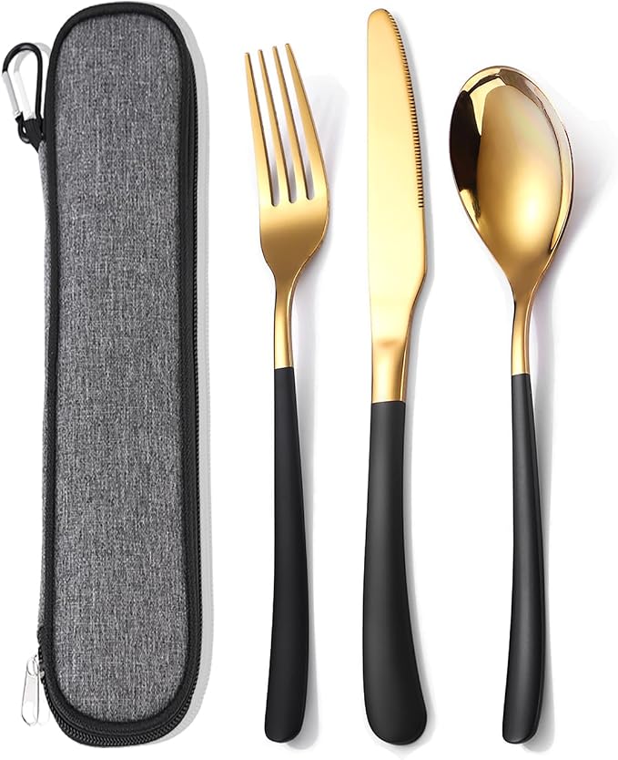 MURRI&MURRDI Travel Stainless Steel Cutlery Set for 1, Reusable Flatware Set with Case, Camping Silverware Set for Work, Knife Fork Spoon Utensil Set 3 Piece, Black Gold