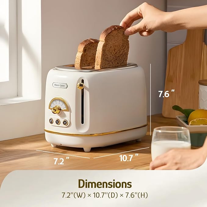 Hazel Quinn 2-Slice Retro Toaster 6 Browning Levels 3 Functions Pearl White | Defrost/Reheat/Cancel, Removable Crumb Tray for Easy to Clean, 1.5 Inches Extra Wide Slots, for Toast, Bagels Daily Breakfast