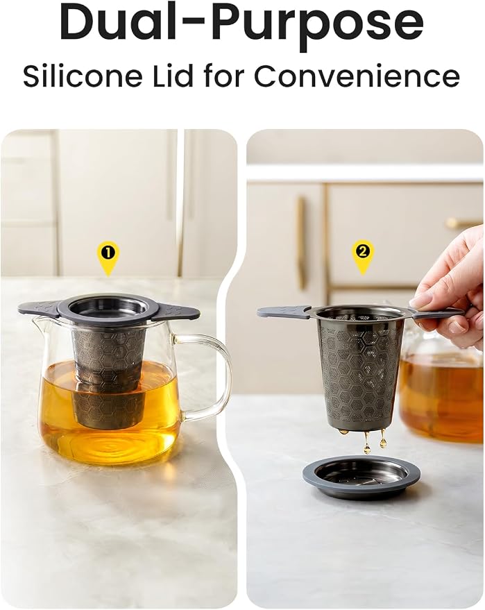 Tea Infuser for Loose Leaf Tea,Stainless Steel Tea Strainer with Silicone Handles,Extra Fine Mesh Tea Strainers for Loose Tea Filter Fine Tea Leaves Effectively,Fits TeaPots/Mugs(Black)