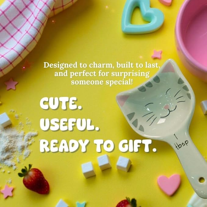 Cat Measuring Spoons Set of 4, Ceramic Baking Kitchen Gifts for Women | Decorative Themed Gifts for Cat Lovers, Cute Kitchen Accessories for Cat Mom Gifts, Functional Baking Utensils and Cat Merch