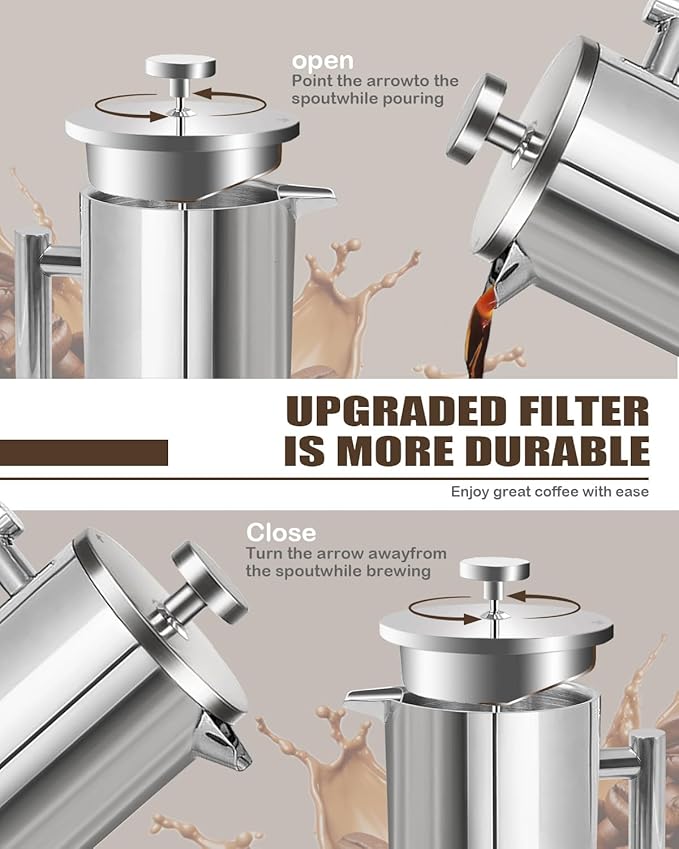 French Press Coffee Maker, Silver, 50 OZ (1.5 Litre) | 304 Stainless Steel Coffee Press with scale lines and 2 Extra Filters for Kitchen & Camping