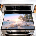 Beach Stove Top Cover, Tropical Coastal Kitchen, 28x20 in | Sunset beach with dolphins, palm trees and seashells; non-slip mat; protects glass and electric cooktops; 28.4 x 20.5 in