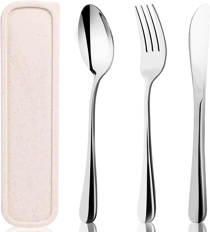 HANSGO Travel Utensils with Case, 4PCS Stainless Steel Portable Cutlery Set, Built-in Card Slot Design for Fixing Tableware, Easy-Open Lid, Lunch Box for Camping Work School, Dishwasher Safe, Beige