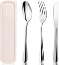 HANSGO Travel Utensils with Case, 4PCS Stainless Steel Portable Cutlery Set, Built-in Card Slot Design for Fixing Tableware, Easy-Open Lid, Lunch Box for Camping Work School, Dishwasher Safe, Beige