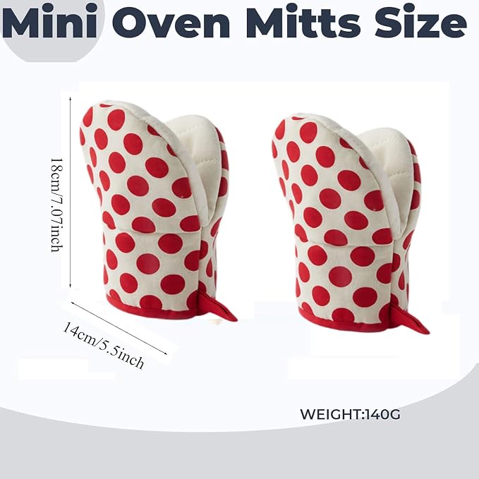 1 Pair Mini Oven Mitts,High Heat Resistant Oven Gloves,Kitchen Short Oven Mit with Hanging Loop for BBQ, Baking, Cooking and Grilling, (dotRed)