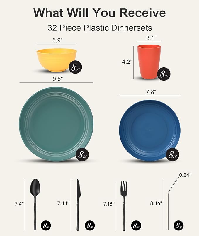 Quatish 64 Piece Plates and Bowls Sets for 8, Unbreakable Dinnerware Sets, Plastic Dish Set for Camping, Dishwasher Microwave Safe, Outdoor Kitchen and Apartment Dinning RV Essentials, MC