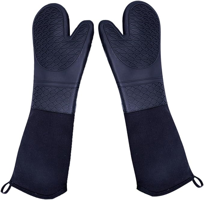 DoMii Extra Long Silicone Oven Mitts Heavy Duty Commercial Grade Oven Mitts Heat Resistant BBQ Gloves with Quilted Cotton Lining 2 Pack