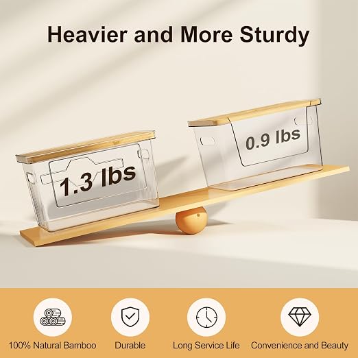 2 Pack Trash Bag Holder with Bamboo Lid, Stackable Acrylic Trash Bag Dispenser Roll Holder Under Sink, Plastic Container Garbage Bags Storage Organizer for Kitchen, Pantry, Laundry Room Organization