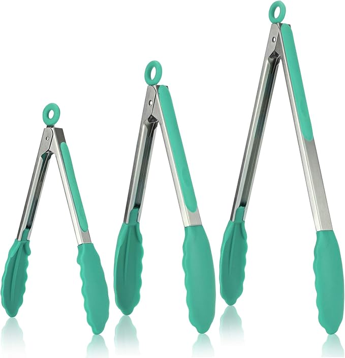 U-Taste Kitchen Tongs for Cooking, 600ºF Heat-Resistant Tps, 3Pcs/Aqua Sky | Silicone Tong Set 7/9/12in, Salad/Grill/BBQ Plastic Tongs for Food Serving, Rubber Thong with 18/8 Stainless Steel Handle