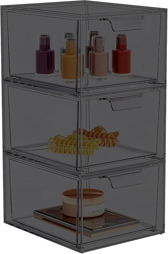 3 Pack Stackable Acrylic Makeup Organizer, Smoke Black Storage Drawers | Clear Plastic Drawer Organizers with Handles for Vanity, Bathroom, Bedroom, Cosmetics, Jewelry and Home Storage