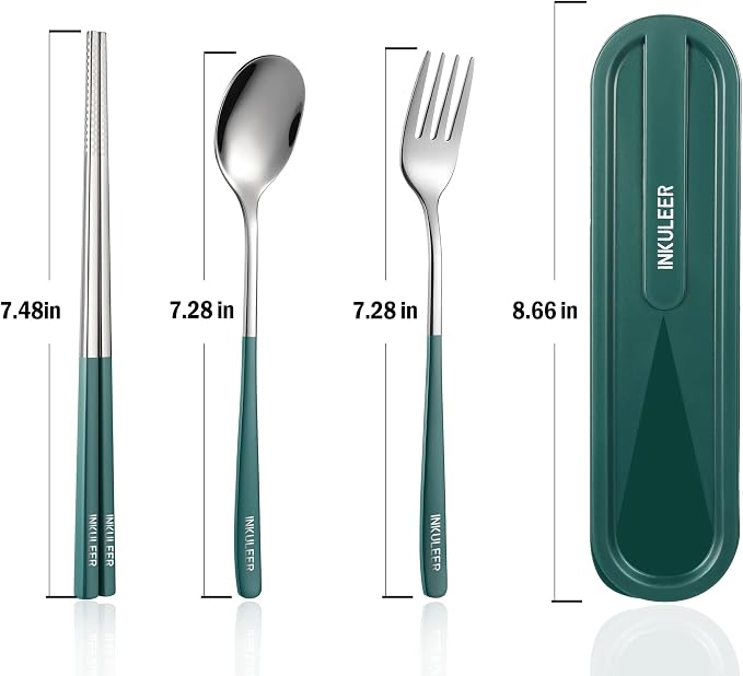 iNKULEER Travel cutlery set, 18/8 stainless steel cutlery, Reusable utensils set with case, Portable Silverware Lunch Box for Camping and Office (Dark Green)