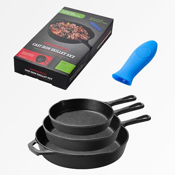 Cast Iron Skillet 3-Piece Set, Antirust Treated, Pre-Seasoned 6", 8", 10" Pans with Silicone Hot Handle Holder For Frying, Saute, Cooking, Oven, Grill