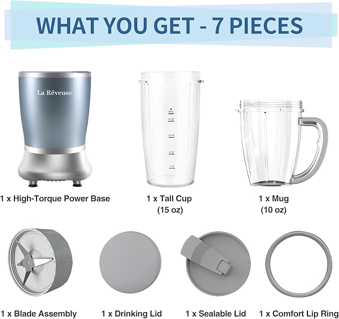 La Reveuse Personal Smoothie Blender, 7 Pieces Set, 250W, Pearl Blue | for Shakes Smoothies Dips Sauces, BPA-free, Push to Blend, (1) 15oz Cup, (1) 10oz Mug, Dishwasher Safe, Compact, LARB2501L