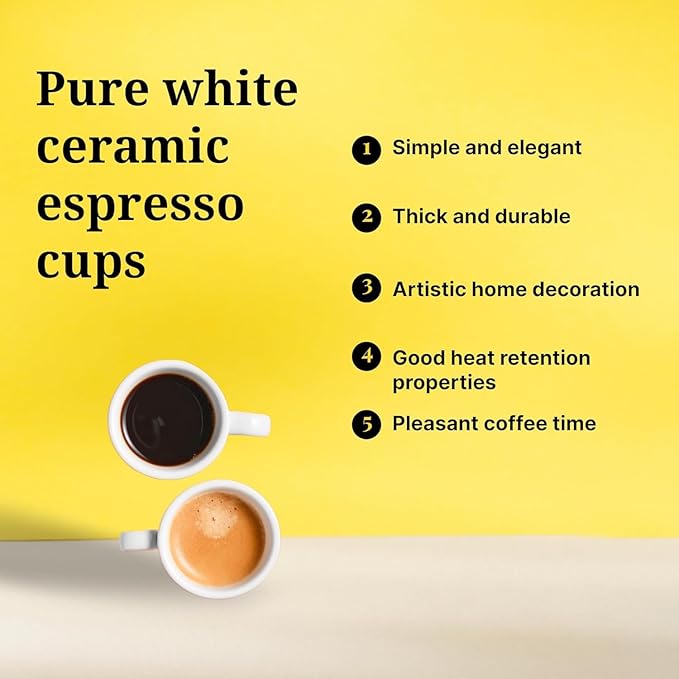 2.5 oz / 75 ml Pure White Ceramic Espresso Cups, Set of 2, Demitasse Espresso Mugs
