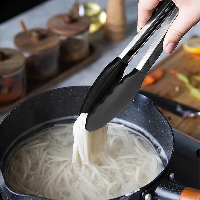HINMAY Small Silicone Tongs 7-Inch Mini Serving Tongs, Set of 3 (Black Gray White) | Black Gray White