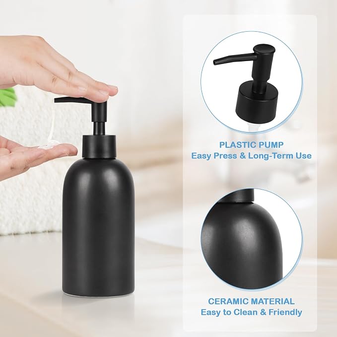 Natheeph Soap Dispenser Fill Dish Soap Hand Soap for Bathroom (2PC Black) | 14OZ, Great for Bathroom/Kitchen Sink, Ceramic Soap Pump Dispenser, Refillable Shampoo, Detergent, Lotion, Shower Gel