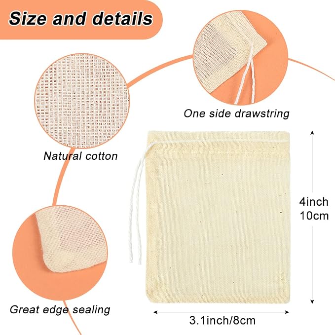 YQL 3x4 Inch Spice Bags for Cooking, 30PCS Reusable Small Muslin Bags | Drawstring Tea Filter Bags for Herbs, Spices, Coffee, Soup Seasoning and Small Sachet Storage