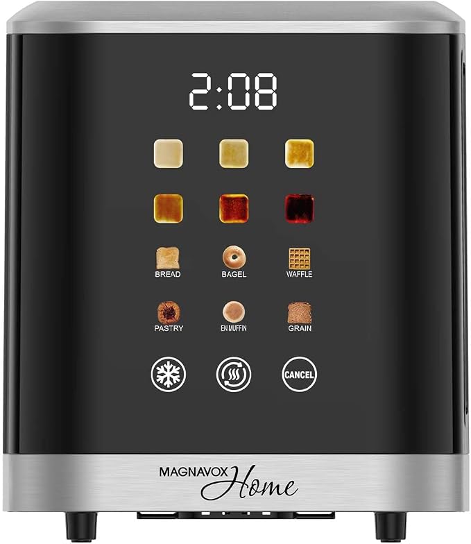 MAGNAVOX HOME, 2 Slice Smart Toaster, Touchscreen, Wide Slot for Bread, English Muffins, Croissants, and Bagels, 5 Adjustable Toast Settings, Cancel and Defrost, 6 Bread Types & Shade Settings