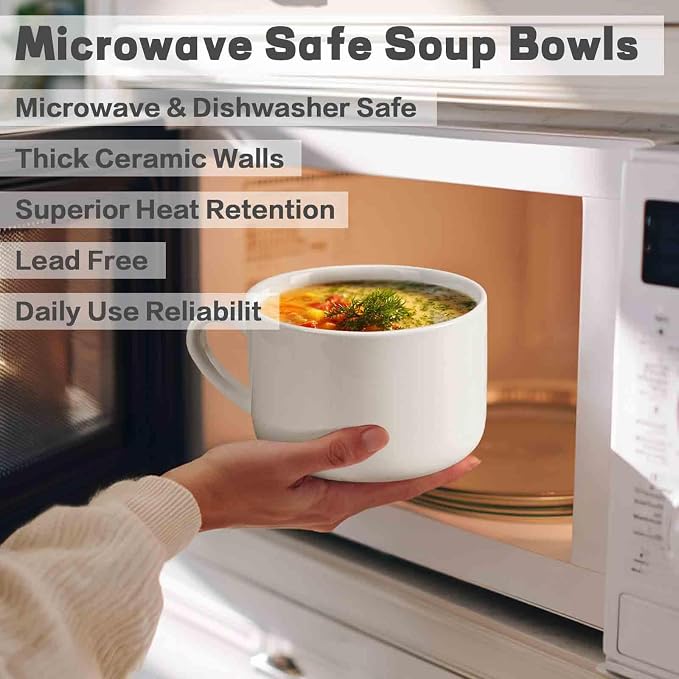 Soup Bowls with Handles & Spoons, 30oz Ceramic Ramen Bowl with Lid, Large Soup Mugs/Cups for Instant Noodle, Big Cereal Bowls for Oatmeal, Soup Containers with Lids, Set of 2, White