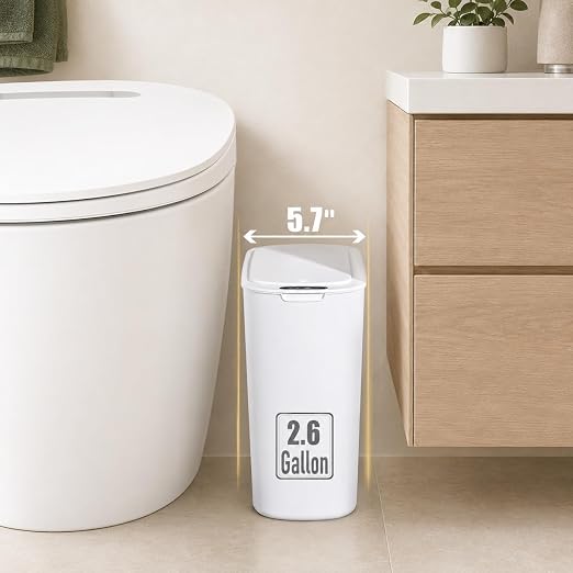 TIPGO Automatic Small Bathroom Trash Can with Lid, 2.6 Gallon, White | Motion Sensor, Plastic, Touchless, Odor Control, Smart Garbage Can, Battery Operated, Manual Button, for Bedroom, Office